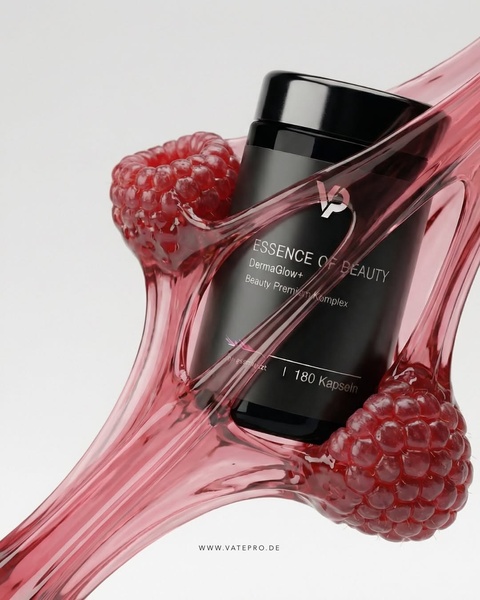 A high-end product display showcasing a supplement jar being pulled through a liquid raspberry-infused abstract flow.